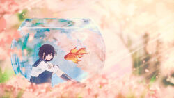 Rule 34 | 1girl, :|, absurdres, air bubble, arms on knees, black eyes, black footwear, black hair, black socks, blue sailor collar, blue skirt, blurry, blurry background, bubble, cherry blossoms, closed mouth, expressionless, fish, fishbowl, from side, goldfish, hair between eyes, highres, kneehighs, knees up, leaning forward, legs together, light rays, loafers, long sleeves, oka kojiro, original, pleated skirt, profile, sailor collar, school uniform, serafuku, shirt, shoes, short hair, sidelocks, sitting, skirt, socks, solo, water, white shirt