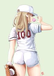 Rule 34 | 1girl, ass, automatic giraffe, baseball, baseball cap, baseball glove, baseball jersey, baseball uniform, blonde hair, blowing bubbles, chewing gum, choi seol-hwa, choi seol-hwa (cosplay), commentary, cosplay, dated, elf, english commentary, from behind, green background, hand on headwear, hat, jersey, long hair, nintendo, photo-referenced, pointy ears, princess zelda, real life, red eyes, shorts, solo, sportswear, super smash bros., the legend of zelda, the legend of zelda: a link between worlds, the legend of zelda: a link to the past, thighs, white shorts