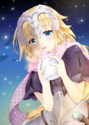 Rule 34 | 1girl, :d, armor, armored dress, blonde hair, blue eyes, blush, commentary request, cup, dress, fate/apocrypha, fate (series), hands up, headpiece, holding, holding cup, iris yayoi, jeanne d&#039;arc (fate), long hair, looking at viewer, mug, night, night sky, open mouth, outdoors, pink scarf, plaid, plaid scarf, purple dress, scarf, short sleeves, sky, smile, solo, star (sky), starry sky, upper body, very long hair