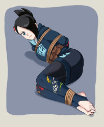 Rule 34 | 1girl, absurdres, arms behind back, ass, barefoot, bdsm, black hair, blue eyes, blush, body blush, bondage, bound, bound ankles, creatures (company), game freak, hair ornament, hair over one eye, highres, lost one zero, mai (pokemon), nail polish, nintendo, pokemon, pokemon legends: arceus, rope, toenail polish, toenails, toes