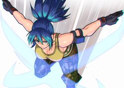 Rule 34 | 1girl, akisu k, black gloves, blue eyes, blue hair, breasts, camouflage, camouflage pants, chromatic aberration, cleavage, crop top, earrings, gloves, jewelry, large breasts, leona heidern, pants, ponytail, sleeveless, solo, tank top, the king of fighters, the king of fighters xv, yellow tank top