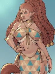 Rule 34 | 1girl, abs, akira raikou, aqua eyes, arm at side, big hair, blue sky, borrowed character, bracelet, braid, braided ponytail, breasts, brown hair, commentary, contrapposto, curvy, day, earrings, elf, english commentary, eyelashes, fingernails, forehead tattoo, hand on own hip, jewelry, large breasts, lips, long fingernails, navel, original, pelvic curtain, pointy ears, sagging breasts, sharp fingernails, sky, solo, standing, tail, tattoo, thick eyebrows, triangle earrings, triangle print, unmoving pattern, wide hips