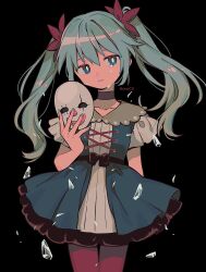 Rule 34 | 1girl, black background, blue eyes, blue hair, blue nails, brown choker, choker, clown mask, commentary, crying, crying with eyes open, dress, hatsune miku, highres, karakuri pierrot (vocaloid), long hair, mask, menma (enaic31), pantyhose, red pantyhose, regret (module), short sleeves, simple background, solo, tears, twintails, twitter username, vocaloid