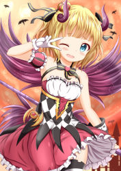 Rule 34 | 1girl, ;d, arm up, asymmetrical sleeves, bare shoulders, black bow, blonde hair, blush, bow, collarbone, commentary request, cosplay, crown, curled horns, detached sleeves, gloves, gochuumon wa usagi desu ka?, gold trim, hair bow, heart, highres, horns, kanzaki ranko, kanzaki ranko (cosplay), kirima syaro, looking at viewer, mini crown, one eye closed, open mouth, puffy short sleeves, puffy sleeves, red skirt, short hair, short sleeves, single detached sleeve, skirt, smile, solo, strapless, striped bow, striped clothes, striped thighhighs, tears, thighhighs, uneven sleeves, v over eye, wavy mouth, white gloves, xenon (for achieve)