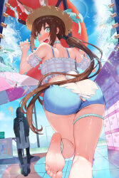 Rule 34 | 1boy, 1girl, ?, absurdres, amiya (arknights), animal ears, anklet, aqua eyes, arknights, ass, bare shoulders, beach umbrella, black jacket, blue choker, blue shorts, blush, breasts, brown hair, brown headwear, butt crack, camisole, choker, day, detached sleeves, dissolving clothes, doctor (arknights), ear blush, embarrassed, eyes visible through hair, feet, frilled sleeves, frills, getabako, hat, highres, hood, hood up, hooded jacket, jacket, jewelry, long hair, looking at viewer, looking back, low ponytail, mask, medium breasts, multiple rings, nose blush, official alternate costume, open clothes, open jacket, open mouth, outdoors, puffy short sleeves, puffy sleeves, rabbit ears, rabbit girl, rabbit tail, reflective floor, ring, short shorts, short sleeves, shorts, sidelocks, soles, straw hat, tail, teeth, thighlet, toes, torn clothes, umbrella, upper teeth only, very long hair, water, white tail, zayur