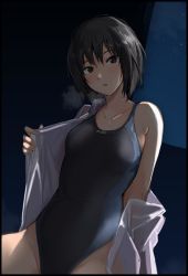 Rule 34 | 1girl, amagami, black eyes, black hair, breath, competition swimsuit, mobu, nanasaki ai, night, night sky, one-piece swimsuit, open mouth, short hair, sky, solo, star (sky), swimsuit, undressing