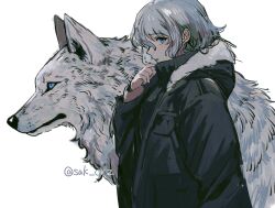 1girl blue_eyes coat expressionless grey_hair original sak_orz white_background wolf