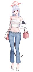 Rule 34 | 1girl, absurdres, aoi riko, bag, bare shoulders, blue archive, blush, box, breasts, collarbone, crop top, denim, full body, halo, handbag, haruna (blue archive), heart, high heels, highres, holding, holding box, jeans, long sleeves, looking at viewer, medium breasts, navel, off-shoulder shirt, off shoulder, pants, red eyes, shirt, simple background, smile, solo, straight hair, white background, white footwear, white hair, white shirt