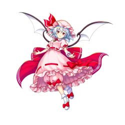 Rule 34 | 1girl, bat wings, bloomers, blue hair, bow, closed mouth, embodiment of scarlet devil, fang, footwear bow, full body, game cg, hair ribbon, hat, highres, light blue hair, looking at viewer, mob cap, petticoat, pink hat, pink shirt, pink skirt, red bow, red eyes, red ribbon, remilia scarlet, ribbon, rotte (1109), shirt, short hair, short sleeves, simple background, single wrist cuff, skirt, solo, third-party source, touhou, touhou lostword, underwear, white background, white footwear, wings, wrist cuffs