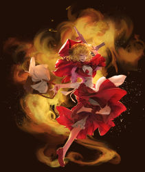 Rule 34 | 024 (1a41a4), 1girl, absurdres, apron, basket, black background, blonde hair, bloomers, bullet, bulleta, cloth, commission, dress, full body, gun, highres, holding, holding basket, leg up, red dress, red footwear, short hair, short sleeves, solo, underwear, vampire (game), weapon