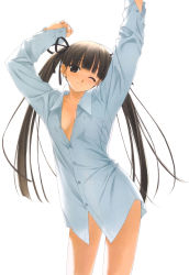 Rule 34 | 1girl, arms up, blouse, bottomless, bow, breasts, brown eyes, brown hair, cleavage, cowboy shot, dress shirt, hair bow, hashimoto takashi, head tilt, highres, long hair, one eye closed, open clothes, open shirt, oversized clothes, shirt, simple background, solo, twintails, white background, white shirt, wink