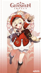 Rule 34 | bag, beret, blonde hair, bomb, boots, child, commentary, explosive, feathers, fur trim, genshin impact, gloves, hat, highres, klee (genshin impact), official art, open mouth, pointy ears, red eyes, solo, stuffed toy, teeth, twintails
