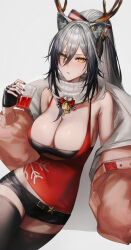 Rule 34 | 1girl, absurdres, akqne, alcohol, animal ear fluff, animal ear piercing, animal ears, antlers, arknights, arm support, armpit crease, bare shoulders, bell, belt, belt buckle, black belt, black bow, black bra, black gloves, black nails, black shorts, black thighhighs, blush, bow, bra, breasts, buckle, cable, camisole, cat ears, cat girl, christmas, cleavage, clothes pull, commentary, cowboy shot, cup, drink, drunk, eyelashes, fake antlers, fingerless gloves, fingernails, from above, glass, gloves, grey hair, hair between eyes, hair bow, hair over one eye, hand up, highres, holding, holding cup, holding drink, horns, invisible floor, jacket, jingle bell, large breasts, lips, long bangs, long hair, long sleeves, looking at viewer, looking up, midriff peek, multicolored bow, nail polish, neck bell, open clothes, open jacket, parted lips, piercing, pink jacket, ponytail, print camisole, print thighhighs, puffy long sleeves, puffy sleeves, red camisole, red wine, reindeer antlers, scarf, schwarz (arknights), shadow, short shorts, shorts, simple background, sitting, snowflake print, solo, star (symbol), star print, straight hair, strapless, strapless bra, striped, striped bow, sweatdrop, thighhighs, thighs, two-sided fabric, two-sided jacket, two-tone bow, underwear, unworn jacket, white background, white bow, white scarf, wine, yellow eyes