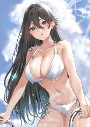 Rule 34 | 1girl, bare arms, bikini, black eyes, black hair, blue sky, breasts, cleavage, cloud, collarbone, commentary request, day, hair between eyes, hamu (plot sy), highres, lens flare, looking at viewer, medium breasts, navel, open mouth, original, outdoors, pool ladder, side-tie bikini bottom, sky, solo, stomach, swimsuit, wet, white bikini