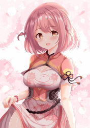 Rule 34 | 1girl, :d, blush, braid, breasts, brown eyes, cleavage, clothes lift, commentary request, dress, dress lift, highres, hoshizaki akari, large breasts, lifted by self, looking at viewer, ongeki, open mouth, petals, pink hair, short sleeves, shrug (clothing), smile, solo, twin braids, white dress, xenon (for achieve)