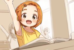 Rule 34 | 1girl, 2others, :d, armpits, blurry, blurry foreground, blush, brown eyes, collarbone, commentary request, depth of field, faceless, flower, forehead, hair flower, hair ornament, hairclip, idolmaster, idolmaster cinderella girls, indoors, multiple others, open mouth, orange hair, ryuzaki kaoru, shirt, short eyebrows, short sleeves, smile, solo focus, sunflower, sunflower hair ornament, teeth, thick eyebrows, upper teeth only, yellow flower, yellow shirt, yukie (kusaka shi)