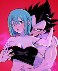 Rule 34 | 1boy, 1girl, absurdres, bare arms, bare shoulders, black hair, blue eyes, blue hair, breasts, bulma, cleavage, dragon ball, dragonball z, grabbing, grabbing another&#039;s breast, highres, licking, licking another&#039;s neck, muscular, pink mousse, red background, short hair, sweat, tank top, tongue, tongue out, vegeta