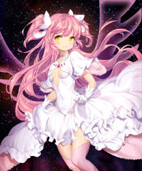 Rule 34 | 1girl, blush, breasts, center opening, choker, commentary request, covered navel, dermiss, dress, frilled dress, frills, gem, gloves, hair ribbon, kaname madoka, long hair, mahou shoujo madoka magica, mahou shoujo madoka magica (anime), pink thighhighs, ribbon, see-through, skirt hold, small breasts, solo, standing, thighhighs, ultimate madoka, very long hair, white choker, white dress, white gloves, white ribbon, wings, yellow eyes