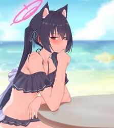 Rule 34 | 1girl, animal ear fluff, animal ears, beach, bikini, black bikini, black hair, blue archive, blue sky, blurry, blurry background, blush, cat ears, closed mouth, cloud, day, frilled bikini, frills, hair between eyes, hair ribbon, halo, highres, long hair, looking at viewer, ocean, official alternate costume, outdoors, pcaccount13, red eyes, ribbon, serika (blue archive), serika (swimsuit) (blue archive), sitting, sky, solo, sweat, swimsuit, twintails, very long hair, water