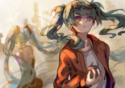 Rule 34 | 2girls, apple, aqua eyes, aqua hair, blurry, bokeh, commentary request, depth of field, desert, detached sleeves, dust, earrings, eyewear on head, facing away, flat chest, food, frown, fruit, hatsune miku, highres, holding, holding food, jacket, jewelry, lens flare, long hair, looking at viewer, miniskirt, multiple girls, raymond busujima, red jacket, shirt, skirt, spaghetti strap, suna no wakusei (vocaloid), sunglasses, t-shirt, twintails, very long hair, vocaloid, white shirt