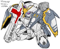 Rule 34 | absurdres, commentary request, gundam, gundam deathscythe, gundam wing, highres, holding, mecha, mobile suit, no humans, partial commentary, purple eyes, redesign, robot, science fiction, sd gundam, sketch, solo, v-fin, waishou (fusuma), white background