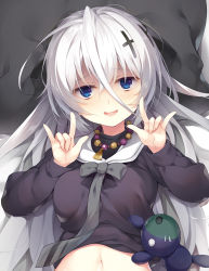 Rule 34 | 1girl, :d, ahoge, blue eyes, breasts, clothes lift, cross hair ornament, grey hair, grey necktie, hair between eyes, hair ornament, hands up, highres, jewelry, kaki shizuku, long hair, long sleeves, looking at viewer, lying, medium breasts, navel, necklace, necktie, neko tsukissu!, on back, open mouth, original, senji (tegone spike), shaded face, shirt, shirt lift, sidelocks, smile, solo, stuffed toy