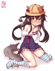 Rule 34 | 1girl, animal ears, azur lane, black hair, blue legwear, brown eyes, commentary request, cosplay, dated, hat, highres, historical name connection, kanon (kurogane knights), kantai collection, kemonomimi mode, logo, long hair, looking at viewer, mikazuki (azur lane), mikazuki (azur lane) (cosplay), mikazuki (kancolle), name connection, off shoulder, open clothes, panties, pantyshot, sailor collar, school hat, simple background, sitting, solo, striped clothes, striped legwear, striped thighhighs, tail, thighhighs, underwear, very long hair, wariza, white background, white panties, wolf ears, wolf tail