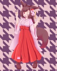 Rule 34 | 1girl, :3, ;d, \m/, alternate costume, animal ears, bad id, bad pixiv id, boots, breasts, brown hair, double \m/, fang, flower, fox shadow puppet, full body, hair flower, hair ornament, hakama, hakama skirt, high heel boots, high heels, highres, houndstooth, imaizumi kagerou, japanese clothes, long hair, looking at viewer, one eye closed, open mouth, pleated skirt, red eyes, skirt, smile, solo, standing, swept bangs, tail, tassel, touhou, wide sleeves, wolf ears, wolf tail