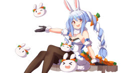 Rule 34 | &gt; &lt;, 1girl, :d, ;d, ame., animal ear fluff, animal ears, bare shoulders, black gloves, black leotard, blue hair, blush, bow, braid, breasts, brown pantyhose, carrot, carrot hair ornament, cleavage, closed eyes, commentary request, detached sleeves, don-chan (usada pekora), dress, feet out of frame, food-themed hair ornament, fur-trimmed dress, fur-trimmed gloves, fur trim, gloves, hair bow, hair ornament, highres, hololive, leotard, long hair, looking at viewer, multicolored hair, one eye closed, open mouth, outstretched arm, pantyhose, pekomon (usada pekora), puffy short sleeves, puffy sleeves, rabbit ears, red eyes, round teeth, short sleeves, sidelocks, simple background, sitting, small breasts, smile, strapless, strapless dress, strapless leotard, teeth, twin braids, twintails, two-tone hair, upper teeth only, usada pekora, usada pekora (1st costume), very long hair, virtual youtuber, white background, white bow, white dress, white hair, white sleeves, xd
