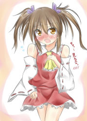 Rule 34 | 1girl, absurdres, alternate costume, ascot, blush, brown eyes, brown hair, cosplay, detached sleeves, hair ribbon, hakurei reimu, hakurei reimu (cosplay), highres, himekaidou hatate, kuzumomo, long sleeves, looking at viewer, open mouth, ribbon, shirt, skirt, skirt set, solo, touhou, twintails, wide sleeves