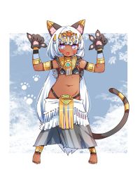 Rule 34 | + +, 1girl, :3, :d, animal ear fluff, animal ears, animal hands, bare shoulders, barefoot, bikini, black bikini, black gloves, blush, cat ears, cat girl, cat tail, commentary request, dark-skinned female, dark skin, done (donezumi), fang, full body, gloves, grey skirt, hands up, headpiece, highres, long hair, looking at viewer, navel, open mouth, original, paw gloves, purple eyes, skirt, smile, solo, standing, swimsuit, tail, very long hair, white hair