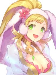Rule 34 | 1girl, animal ears, blonde hair, breasts, cleavage, cleavage cutout, clothing cutout, collared shirt, fake animal ears, fire emblem, fire emblem heroes, gradient hair, green eyes, jurge, long hair, medium breasts, multicolored hair, nintendo, open mouth, pink hair, ponytail, rabbit ears, sharena (fire emblem), shirt, simple background, solo, upper body, white background