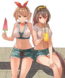 Rule 34 | 2girls, bare arms, black hair, breasts, casual, cleavage, collarbone, denim, denim shorts, drinking, drinking straw, flipped hair, food, fruit, green eyes, hair between eyes, hand on own knee, headband, kantai collection, kasumi (skchkko), large breasts, long hair, melon, midriff, multiple girls, mutsu (kancolle), nagato (kancolle), popsicle, red eyes, short hair, short shorts, shorts, simple background, sitting, smile, very long hair, watermelon bar, white background