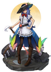 Rule 34 | 1girl, :&gt;, absurdres, belt, black belt, black headwear, blue hair, blue skirt, blush, boots, bow, bowtie, brown footwear, buckle, center frills, closed mouth, food, frills, fruit, fruit hat ornament, full body, hand on own hip, hand on own face, highres, hinanawi tenshi, holding, holding sword, holding weapon, keystone, knee boots, leaf, long hair, looking at viewer, peach, peach hat ornament, puffy short sleeves, puffy sleeves, rainbow order, red bow, red bowtie, red eyes, rope, short sleeves, simple background, skirt, smile, solo, standing, star (symbol), sword, sword of hisou, tassel, tilted headwear, touhou, weapon, white background, yinian