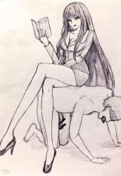 Rule 34 | 1boy, 1girl, blindfold, book, breasts, censored, cleavage, clothed female nude male, crossed legs, femdom, high heels, holding, holding book, human chair, human furniture, long hair, long legs, neri aisu, nude, object in mouth, pencil skirt, sitting, sitting on person, sketch, skirt, very long hair