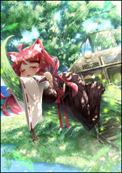 Rule 34 | 1girl, :3, absurdres, ahoge, animal ears, bare shoulders, black border, black kimono, blue flower, blue sky, blush, border, bow, breasts, cat ears, cluseller, crossed arms, dappled sunlight, day, detached sleeves, female focus, flower, full body, grass, half-closed eyes, happy, highres, hip vent, hiroshima electric railway type 1900, japanese clothes, kemurikusa, kimono, large breasts, leaf, lens flare, long hair, looking at viewer, lying, matching hair/eyes, midori (kemurikusa), obi, on stomach, open mouth, outdoors, red bow, red eyes, red flower, red hair, ribbon-trimmed sleeves, ribbon trim, ritsu (kemurikusa), sash, sky, sleeves past fingers, sleeves past wrists, smile, solo, streetcar, sunlight, tree, water, white flower, yellow flower