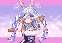 Rule 34 | animal ear fluff, animal ears, bare arms, blue hair, braid, carrot hair ornament, closed mouth, cross-laced clothes, eyebrows, food-themed hair ornament, frilled straps, gloves, gradient eyes, hair ornament, heart, heart hands, hikimayu, hololive, idol, idol clothes, long hair, multicolored eyes, multicolored hair, niaro, nonstop story, official alternate costume, orange eyes, rabbit-shaped pupils, rabbit ears, rabbit girl, signature, smile, solo, sweatdrop, symbol-shaped pupils, twin braids, twintails, two-tone hair, usada pekora, v-shaped eyebrows, virtual youtuber, white gloves, white hair, yellow eyes