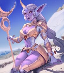Rule 34 | 1girl, alternate costume, arm support, armor, breasts, brown eyes, cleavage, cleavage cutout, clothing cutout, colored skin, grey hair, groin, holding, holding staff, horns, large breasts, league of legends, long hair, navel, outdoors, pink skin, pointy ears, single horn, sitting, smile, solo, soraka (league of legends), staff, stomach cutout, vatheja
