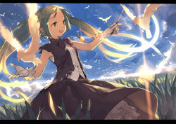 Rule 34 | 1girl, :d, alternate costume, bird, bow, day, dress, gloves, grass, green eyes, green hair, hatsune miku, holding, jong tu, letterboxed, long hair, matching hair/eyes, open mouth, sky, smile, solo, sunlight, sunrise, twintails, very long hair, vocaloid, white gloves