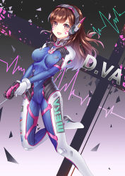 Rule 34 | 1girl, bodysuit, brown hair, character name, clothes writing, covered navel, d.va (overwatch), facepaint, facial mark, finger on trigger, gradient background, gun, handgun, headphones, holding, holding gun, holding weapon, long hair, looking at viewer, luoye, open mouth, overwatch, overwatch 1, pilot suit, pistol, purple background, ribbed bodysuit, skin tight, smile, solo, swept bangs, weapon, whisker markings