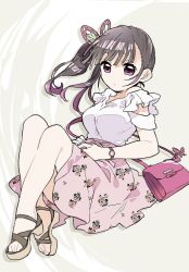 Rule 34 | 1girl, bag, bare shoulders, black hair, blunt bangs, breasts, butterfly hair ornament, butterfly ornament, casual, colored tips, contemporary, floating, floating hair, floral print, frills, full body, gradient background, grey hair, hair ornament, handbag, hands on own stomach, high heels, kimetsu no yaiba, knees up, long hair, looking at viewer, miniskirt, multicolored hair, off shoulder, pink skirt, print skirt, purple eyes, purple hair, shirt, short sleeves, side ponytail, sidelocks, skirt, solo, streaked hair, tsuyuri kanao, tuduri, watch, white shirt, wristwatch