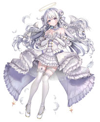 Rule 34 | 1girl, angel wings, blush, braid, bridal garter, curled horns, detached collar, detached sleeves, feathers, garter straps, halo, heterochromia, highres, horns, indie virtual youtuber, kouyafu, long hair, looking at viewer, own hands clasped, own hands together, smile, solo, thighhighs, twin braids, virtual youtuber, white background, white hair, white thighhighs, wings