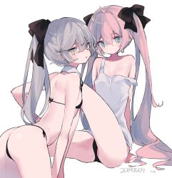 Rule 34 | 2girls, :o, arched back, ass, bare arms, bare shoulders, black bow, black bra, black panties, blue eyes, blush, bow, bra, closed mouth, collarbone, dated, hair between eyes, hair bow, head tilt, high ponytail, knee up, leaning forward, long hair, mimelond, multiple girls, off shoulder, original, panties, parted lips, pink hair, ponytail, shirt, side-tie panties, silver hair, simple background, tank top, twintails, underwear, underwear only, very long hair, white background, white shirt