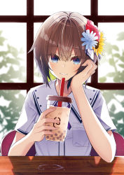 Rule 34 | 1girl, arm support, blue eyes, blue flower, blush, brown hair, bubble tea, collared shirt, commentary request, cup, disposable cup, dress shirt, drinking straw, flower, green hair, hair between eyes, hair flower, hair ornament, hand up, highres, holding, holding cup, kavka, looking at viewer, multicolored hair, original, parted lips, red flower, school uniform, shirt, short sleeves, smile, solo, two-tone hair, upper body, white shirt, window, yellow flower