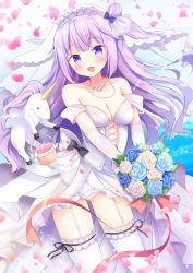 Rule 34 | 1girl, :d, arm strap, azur lane, basket, black ribbon, blue flower, blue rose, blush, bouquet, breasts, bridal veil, cleavage, collarbone, contrapposto, corset, diadem, elbow gloves, floating hair, flower, garter straps, gloves, gluteal fold, heart, heart necklace, highres, holding, holding basket, holding bouquet, jewelry, long hair, looking at viewer, masayo (gin no ame), medium breasts, necklace, open mouth, petals, pink flower, purple eyes, purple hair, ribbon, ribbon-trimmed thighhighs, ribbon trim, rose, side ponytail, skirt, smile, solo, standing, thighhighs, unicorn, unicorn (azur lane), veil, very long hair, white flower, white gloves, white rose, white skirt, white thighhighs