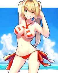 Rule 34 | &gt;;), 1girl, ahoge, arm up, bikini, blue sky, breasts, cleavage, cloud, cloudy sky, cowboy shot, criss-cross halter, day, fate/grand order, fate (series), grin, guricoogen, hair intakes, halterneck, hand up, highres, large breasts, long hair, looking at viewer, navel, nero claudius (fate), nero claudius (fate) (all), nero claudius (swimsuit caster) (fate), ocean, one eye closed, outdoors, parted lips, red bikini, side-tie bikini bottom, sidelocks, sky, smile, solo, striped bikini, striped clothes, swimsuit, teeth, thighs, twintails, v-shaped eyebrows, white bikini
