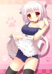 Rule 34 | 1girl, :3, animal ears, apron, apron lift, bell, black thighhighs, blush, breasts, cat ears, cat tail, choker, cleavage, clothes lift, collarbone, hair ornament, hairclip, highres, large breasts, long hair, neck bell, off shoulder, one-piece swimsuit, open mouth, original, school swimsuit, silver hair, solo, swimsuit, taiki ken, tail, thighhighs, yellow eyes