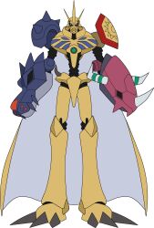 Rule 34 | absurdres, armor, cape, claws, digimon, digimon (creature), digimon rearise, fusion, highres, horns, looking at viewer, omegamon, omegamon (battle park), solo