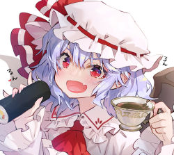 Rule 34 | 1girl, :d, ascot, bat wings, blue hair, blush, commentary request, cup, ehoumaki, fang, food, frilled shirt collar, frills, hair between eyes, hat, hat ribbon, holding, holding cup, holding food, looking at viewer, makizushi, mob cap, open mouth, pointy ears, portrait, red ascot, red eyes, remilia scarlet, ribbon, short hair, simple background, skin fang, smile, solo, sushi, syuri22, tongue, touhou, white background, wings
