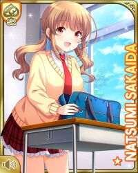 Rule 34 | 1girl, bag, breasts, brown hair, card (medium), character name, classroom, day, desk, female focus, girlfriend (kari), hair ornament, indoors, large breasts, long hair, long sleeves, looking at viewer, necktie, official art, open mouth, pink scrunchie, plaid, plaid skirt, qp:flapper, red eyes, red necktie, red skirt, sakaida natsumi, school, school desk, school uniform, scrunchie, shirt, shirt tucked in, skirt, smile, solo, sparkle, standing, sunlight, sweater, valentine&#039;s day, white shirt, window, wooden floor, yellow sweater